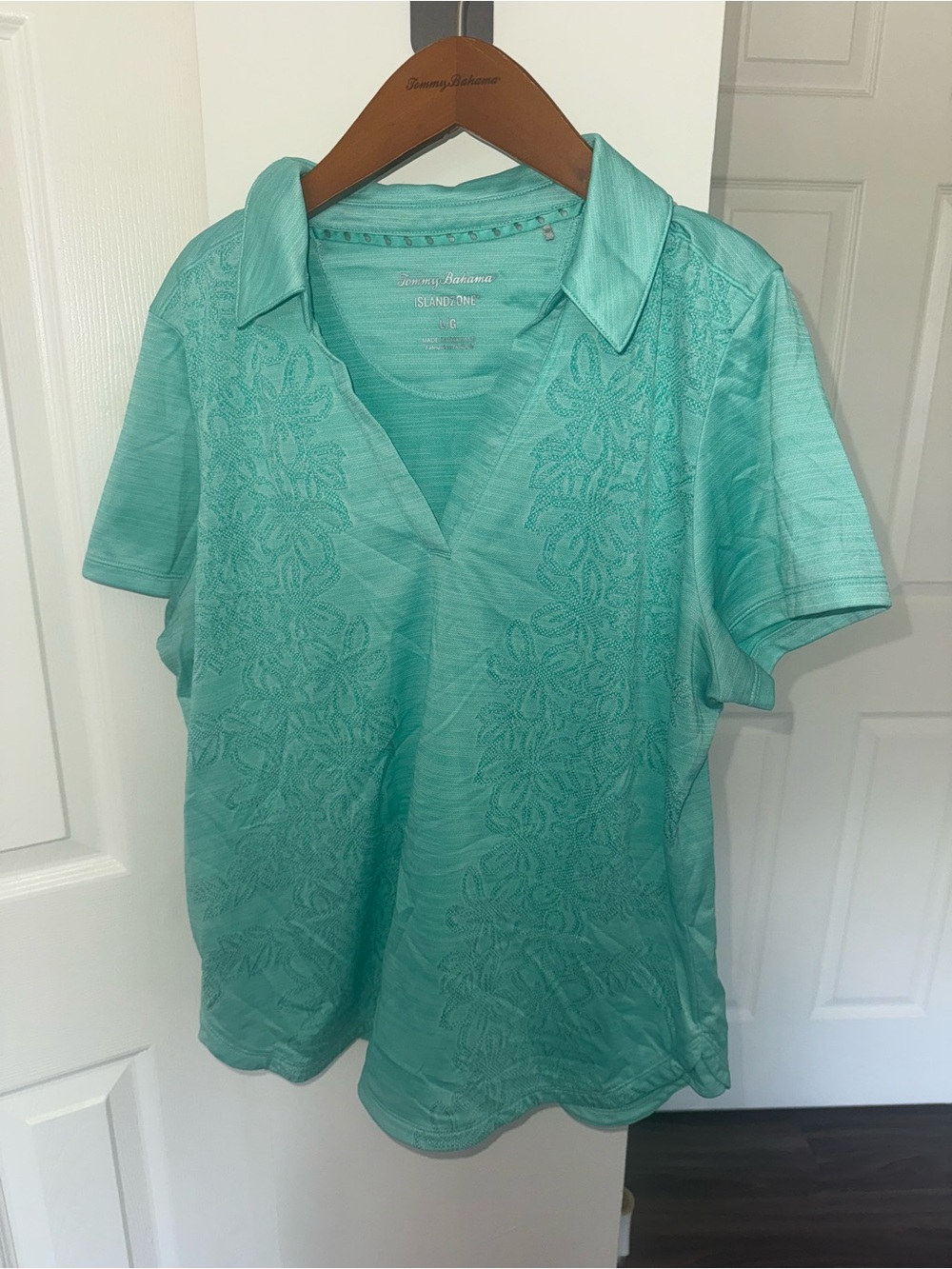 Tommy Bahama Turquoise Embroidered Polo V-Neck Top